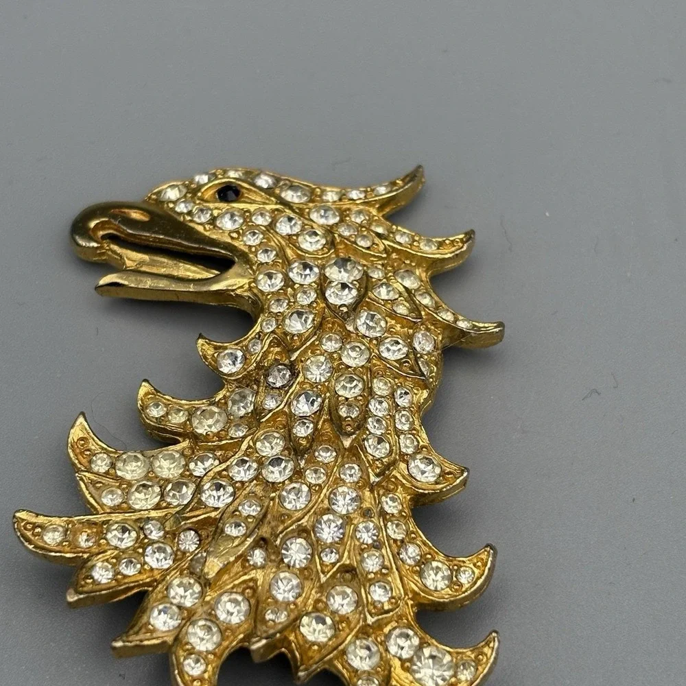 RARE Cadoro Brooch Griffin Winged Lion Rhinestone Heraldic 24K Gold Plate